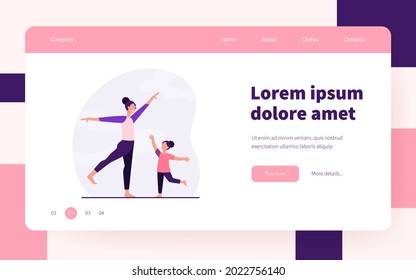 Happy mother and girl doing exercise together. Mom, daughter, healthcare flat illustration. Sport activity and family concept for banner, website design or landing web page