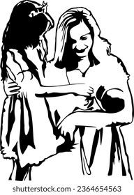 Happy mother with a girl and newborn baby in black and white