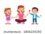 happy mother give candy and sweets to his boy and girl kid