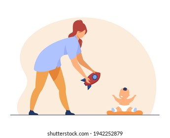 Happy mother giving toy to little baby. Rocket, infant, mom flat vector illustration. Motherhood and infancy concept for banner, website design or landing web page