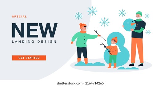 Happy mother, grandfather and child making snowman outdoor. People playing together in winter landscape flat vector illustration. Fun family time concept for banner, website design or landing web page