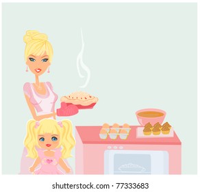 Happy mother helping her daughter cooking in the kitchen