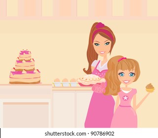 Happy mother helping her daughter cooking in the kitchen