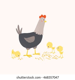 Happy mother hen with baby chicks. Easter card. Mothers Day concept. Cartoon clipart eps 10 hand drawn vector illustration isolated on white.