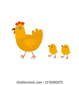Happy Mother Hen Walking With Her Cute Little Chicks . Cartoon Vector Illustration Isolated On White Background. Can Be Used For Farming, Aviculture Business.