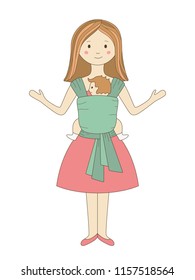 Happy mother with her baby in sling scarf. Free hands. Vector illustration. Hand draw card in cartoon style. Isolated