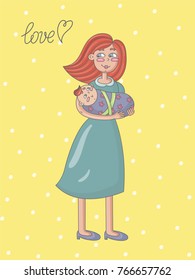 Happy mother and her child. Vector doodle illustration.
