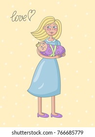Happy mother and her child. Vector doodle illustration.
