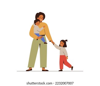 Happy Mother and her children together. Smiling Woman holding her son and daughter on hands . Maternity concept. Friendship, love and support in family. Vector illustration