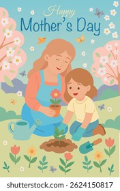Happy mother and her daughter planting a small flower together in the garden.