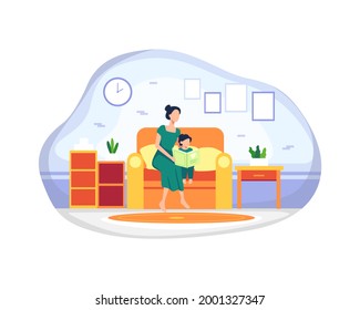 Happy Mother with her daughter. Mother and daughter reading story book together sitting on the couch. Bedtime story, Concept motherhood child-rearing. Vector illustration in a flat style