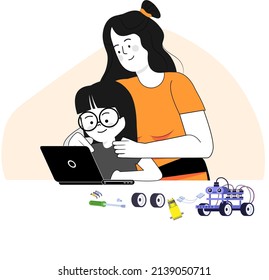 Happy Mother With Her Kid, Kid With Laptop Online Coding Courses, Robotics, Mother Happy With Kid Learning Of Robotics, Robotics Ai, Iot , Coding Courses, Stem Education, Maker Space, Tinkering Lab