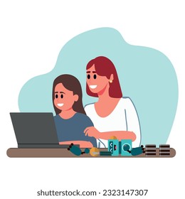 Madre feliz con su hijo, niño con cursos de codificación en línea para laptop, robótica, madre feliz con el aprendizaje infantil de robótica, robótica ai, iot , cursos de codificación, educación de tallos, espacio para hacedores, laboratorio de retozamiento.