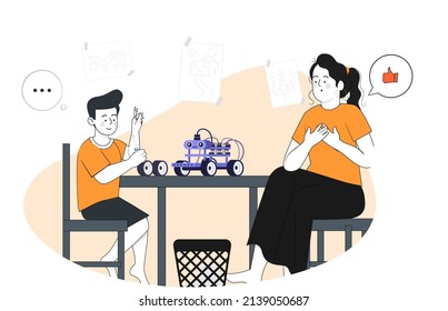 Happy Mother With Her Kid, Kid Making Robot With His Mother, Robotics, Mother Happy With Kid Learning Of Robotics, Robotics Ai, Iot , Coding Courses, Stem Education, Maker Space, Tinkering Lab