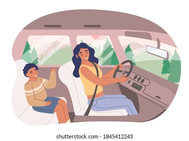 Happy Mother With Her Son Sitting Inside Car, Flat Vector Illustration. Mom Driving Car, Traveling Together With Her Kid. Family Road Trip. Summer Vacation, Weekend.