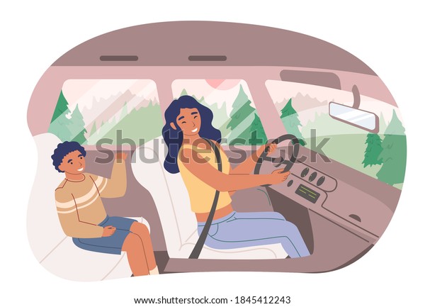 Happy mother with her son\
sitting inside car, flat vector illustration. Mom driving car,\
traveling together with her kid. Family road trip. Summer vacation,\
weekend.