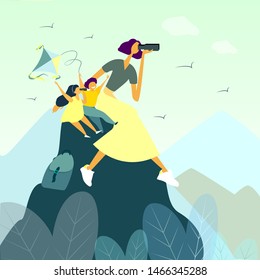 Happy mother hiking with her children in mountains with binoculars and leading healthy lifestyle cartoon vector illustration. Bright flat style picture for blogs and social media greeting cards poster