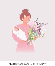 Happy mother hold newborn baby and big bouquet of flowers in maternity hospital. Vector illustration