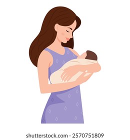 Happy mother holding baby in arms. Pregnancy and breastfeeding concept. Happy Mothers Day. Vector Illustration