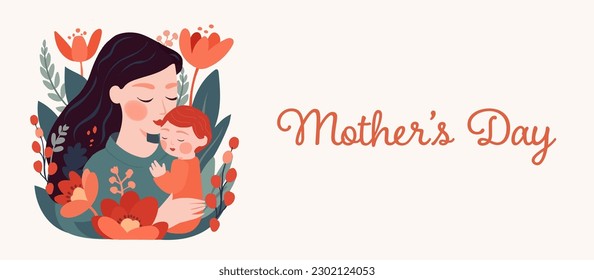 Happy Mother holding baby surrounded by flowers flat vector illustration. Mother hugs her child, motherhood. Celebration of Happy Mother's Day greeting card.