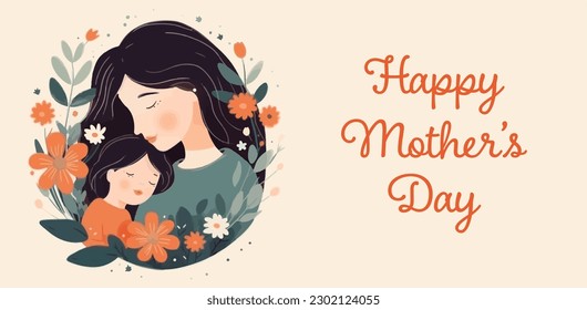 Happy Mother holding baby surrounded by flowers flat vector illustration. Mother hugs her child, motherhood. Celebration of Happy Mother's Day greeting card.