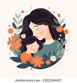 Madre feliz sosteniendo a un bebé rodeado de flores e ilustración vectorial plana. Madre abraza a su hijo, maternidad. Celebración de la tarjeta de felicitación del Día de la Madre.