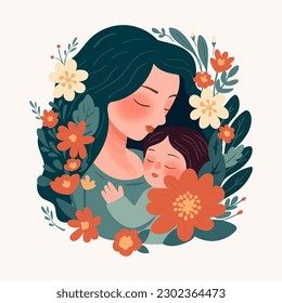 Madre feliz sosteniendo a un bebé rodeado de flores e ilustración vectorial plana. Madre abraza a su hijo, maternidad. Celebración de la tarjeta de felicitación del Día de la Madre.