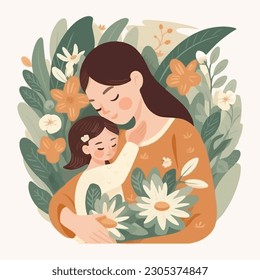 Happy Mother holding baby surrounded by flowers. Mother hugs her child, motherhood. Scandinavian flat style. Concept of mothers day