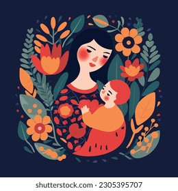 Happy Mother holding baby surrounded by flowers. Mother hugs her child, motherhood. Scandinavian flat style. Concept of mothers day