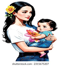 Happy Mother holding a baby watercolor art vector illustration