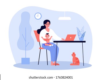 Happy Mother Holding Baby And Working Online At Home Flat Vector Illustration. Cartoon Mom Sitting At Desk And Using Laptop Computer. Motherhood And Freelance Concept