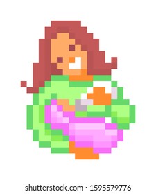 Happy mother holding and feeding a baby with a milk bottle, pixel art character isolated on white. Woman carrying a little child, 8 bit icon. Old school vintage retro slot machine/video game graphics.