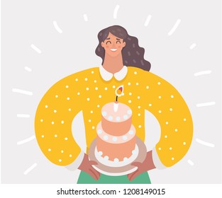 Happy mother holding a first birthday cake with one candle. Vector cartoon illustration in modern concept