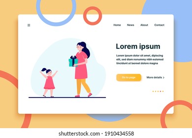Happy mother holding gift for little daughter. Present, kid, love flat vector illustration. Parenthood and family concept for banner, website design or landing web page