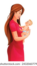 Happy mother holding her baby son in arms. Vector cartoon illustration