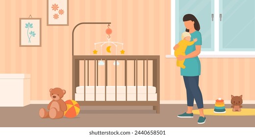 Happy mother holding her baby in the bedroom: care and family concept