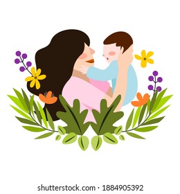 Happy mother holding her little baby on isolated white background with flower. flat vector. Happy Mother's day celebration