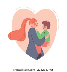 Happy Mother Holding Her Little Son with Arms in Pink Heart Vector Illustration