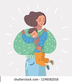 Happy mother holding her son on her hands. Mom hugging her boy child. Parenting. Vector cartoon illustration of in modern concept