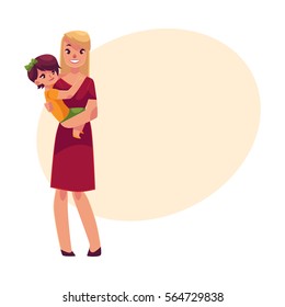 Happy mother holding her son in hands, cartoon vector illustrations on background with place for text. Pretty young smiling woman with little son in her hands, happy family concept