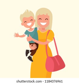 Happy mother holding his son. Vector illustration.