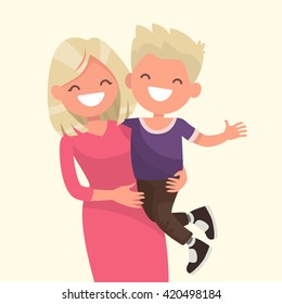 Happy mother holding his son. Vector illustration of a flat design