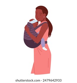 Happy mother holding kangaroo sling with newborn baby, motherhood, parenting. Cute young woman in casual dress hugging small kid, carrying boy in carrier with love cartoon vector illustration