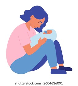 Happy Mother Holding Newborn Baby on Her Knees.