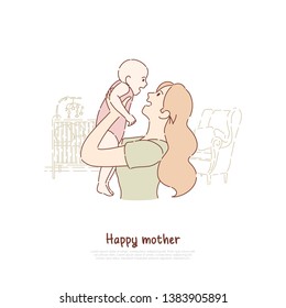 Happy mother holding newborn child, cheerful lady playing with toddler, female happiness, babysitting, parenting banner