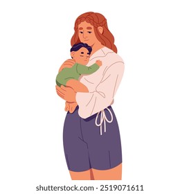 Happy mother holds asleep baby. Woman loves, hugs newborn. Cute infant sleeps in mom's hands. Joyful parent cuddles kid, child. Motherhood. Flat isolated vector illustration on white background