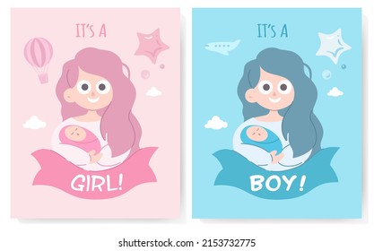 Happy mother holds the baby in her arms. Boy and girl vector illustrations with text: Its a boy, its a girl. Set Baby shower party concept for flyers and postcards design