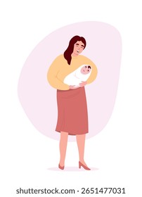 A mãe feliz segura o bebê em seus braços, olha para ele com amor. Mulher e recém-nascidos juntos. Gráficos simples vetoriais.
