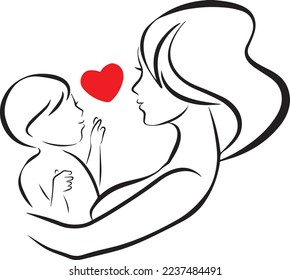 Happy mother holds child. Woman carrying baby. Child Infant Illustration. 