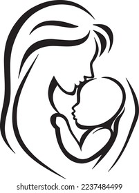 Happy mother holds child. Woman carrying baby. Child Infant Illustration. 